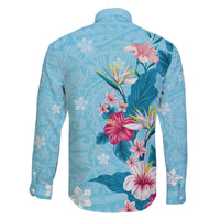 Hawaii Tropical Flowers Family Matching Off Shoulder Short Dress and Hawaiian Shirt Polynesian Tattoo Sky Blue LT05 - Polynesian Pride