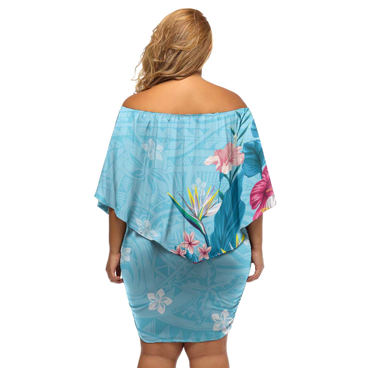 Hawaii Tropical Flowers Family Matching Off Shoulder Short Dress and Hawaiian Shirt Polynesian Tattoo Sky Blue LT05 - Polynesian Pride