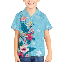 Hawaii Tropical Flowers Family Matching Off Shoulder Short Dress and Hawaiian Shirt Polynesian Tattoo Sky Blue LT05 Son's Shirt Blue - Polynesian Pride