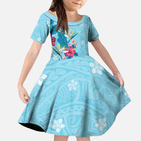 Hawaii Tropical Flowers Family Matching Puletasi and Hawaiian Shirt Polynesian Tattoo Sky Blue LT05 Daughter's Dress Blue - Polynesian Pride