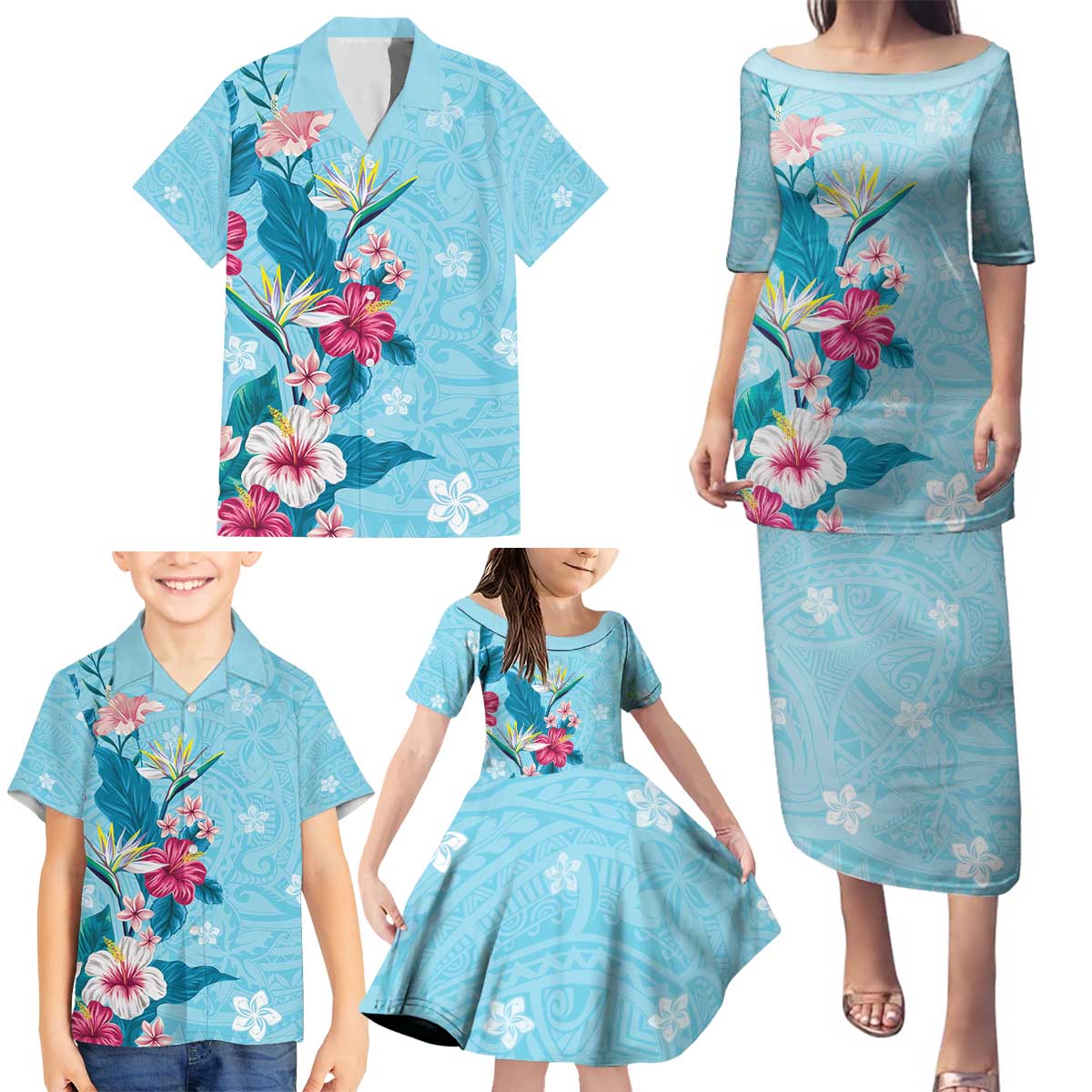 Hawaii Tropical Flowers Family Matching Puletasi and Hawaiian Shirt Polynesian Tattoo Sky Blue LT05 - Polynesian Pride
