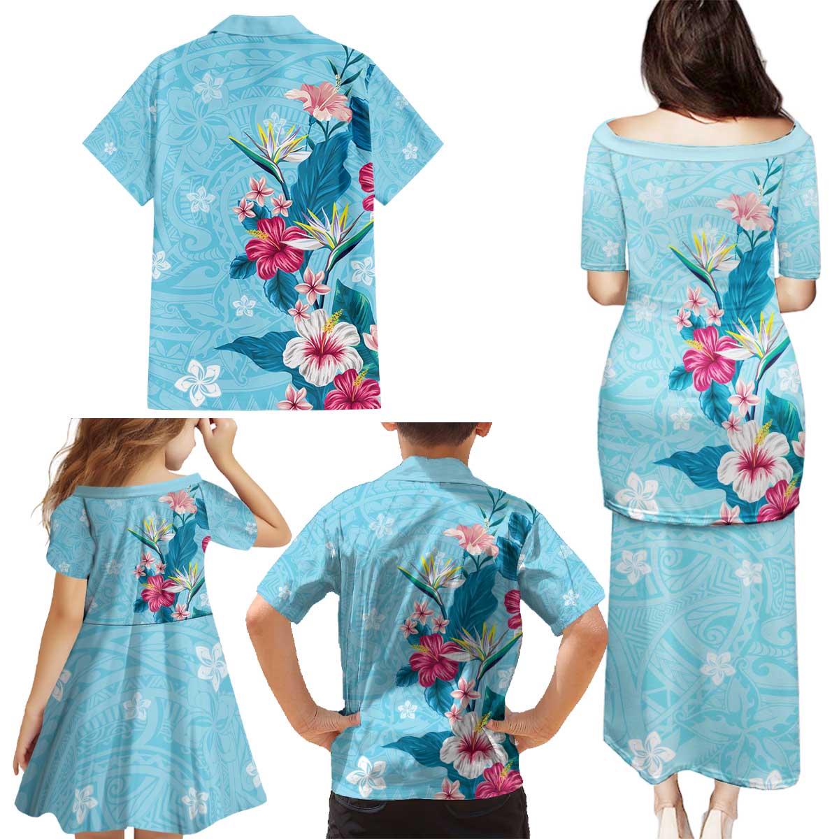 Hawaii Tropical Flowers Family Matching Puletasi and Hawaiian Shirt Polynesian Tattoo Sky Blue LT05 - Polynesian Pride