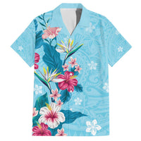 Hawaii Tropical Flowers Family Matching Puletasi and Hawaiian Shirt Polynesian Tattoo Sky Blue LT05 Dad's Shirt - Short Sleeve Blue - Polynesian Pride