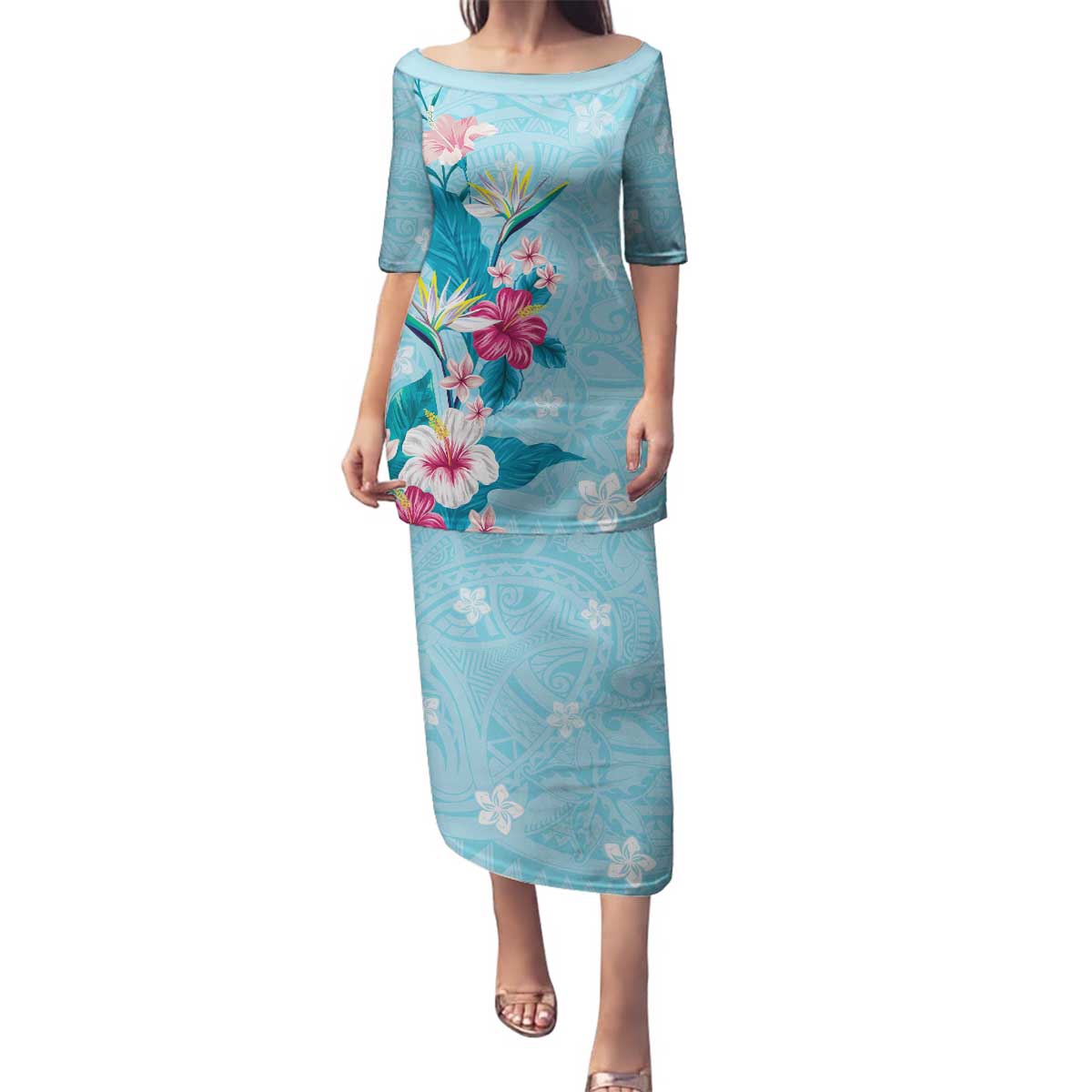 Hawaii Tropical Flowers Family Matching Puletasi and Hawaiian Shirt Polynesian Tattoo Sky Blue LT05 Mom's Dress Blue - Polynesian Pride