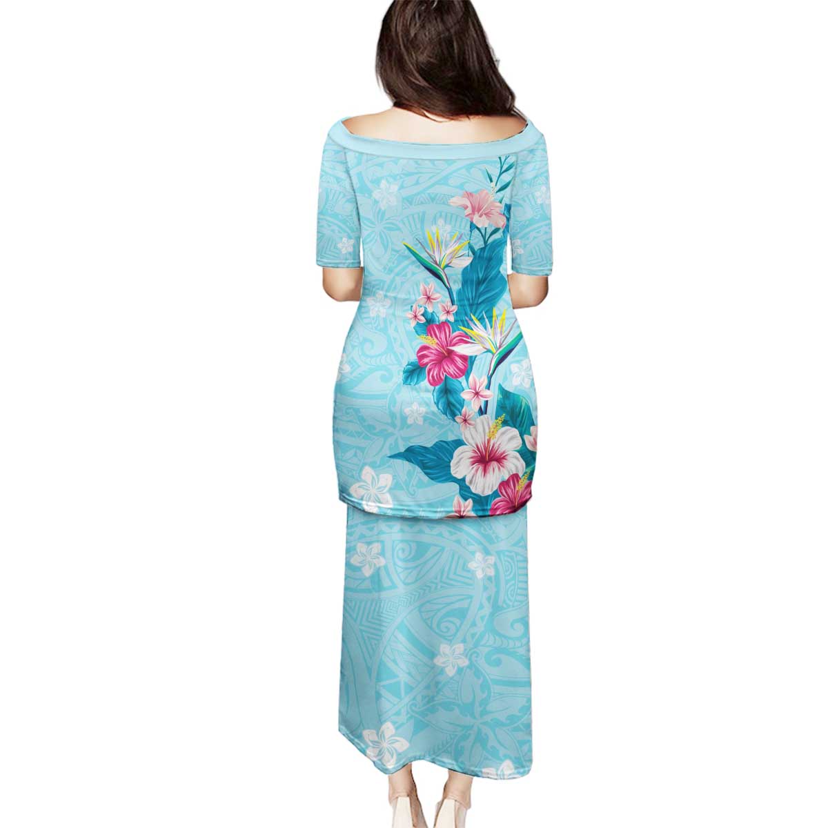 Hawaii Tropical Flowers Family Matching Puletasi and Hawaiian Shirt Polynesian Tattoo Sky Blue LT05 - Polynesian Pride