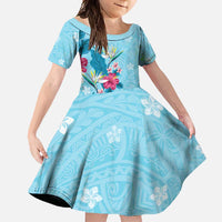 Hawaii Tropical Flowers Family Matching Short Sleeve Bodycon Dress and Hawaiian Shirt Polynesian Tattoo Sky Blue LT05 Daughter's Dress Blue - Polynesian Pride