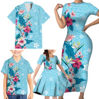 Hawaii Tropical Flowers Family Matching Short Sleeve Bodycon Dress and Hawaiian Shirt Polynesian Tattoo Sky Blue LT05 - Polynesian Pride