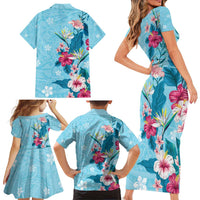 Hawaii Tropical Flowers Family Matching Short Sleeve Bodycon Dress and Hawaiian Shirt Polynesian Tattoo Sky Blue LT05 - Polynesian Pride