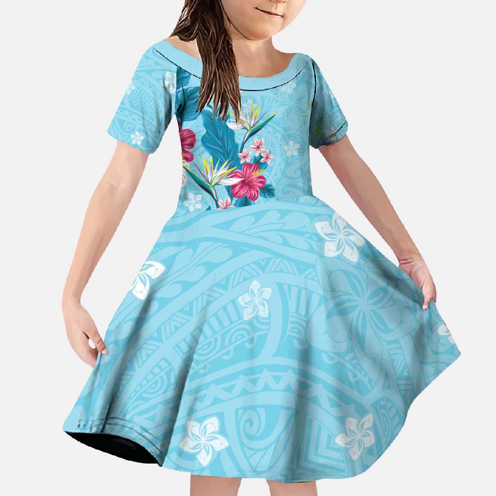 Hawaii Tropical Flowers Family Matching Summer Maxi Dress and Hawaiian Shirt - Polynesian Tattoo Sky Blue LT05 Daughter's Dress Blue - Polynesian Pride