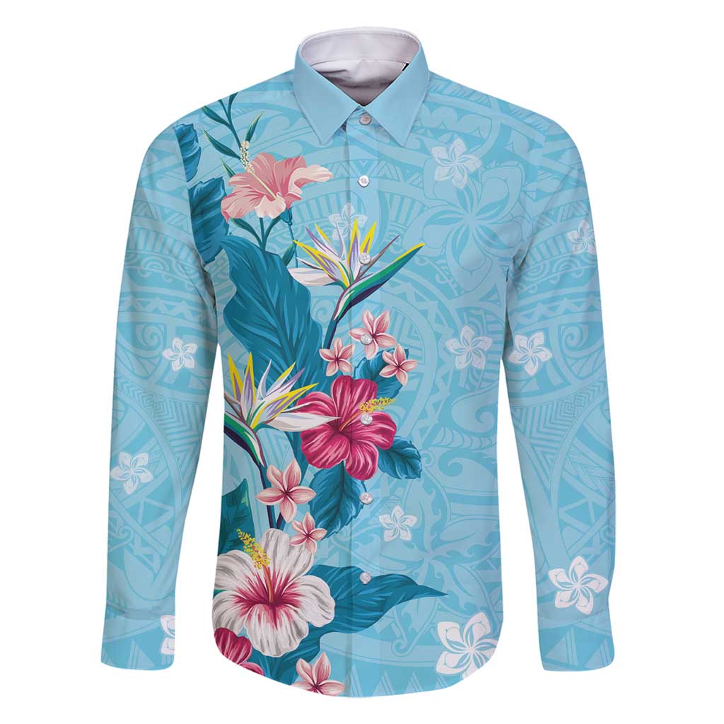 Hawaii Tropical Flowers Family Matching Tank Maxi Dress and Hawaiian Shirt - Polynesian Tattoo Sky Blue LT05 Dad's Shirt - Long Sleeve Blue - Polynesian Pride