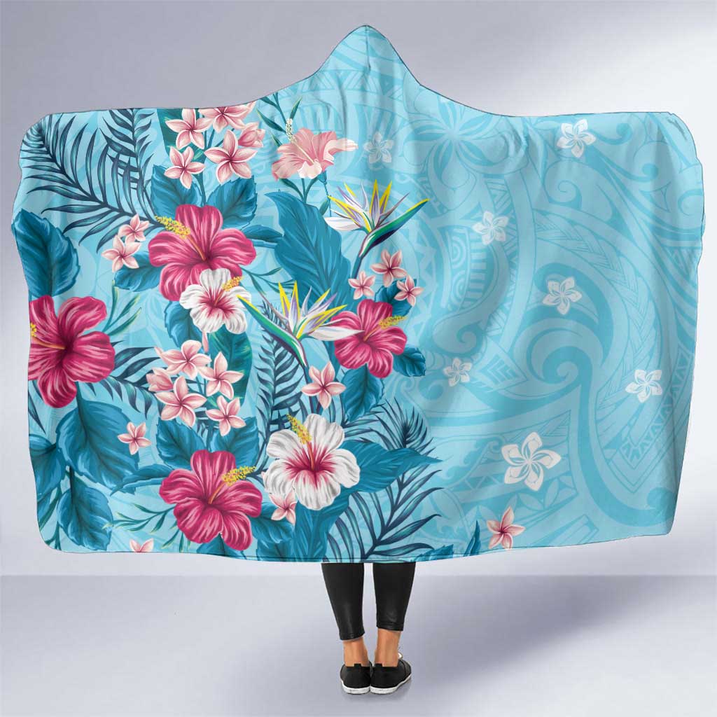 Hawaii Tropical Flowers Hooded Blanket Polynesian Tattoo Sky Blue LT05 One Size Blue - Polynesian Pride