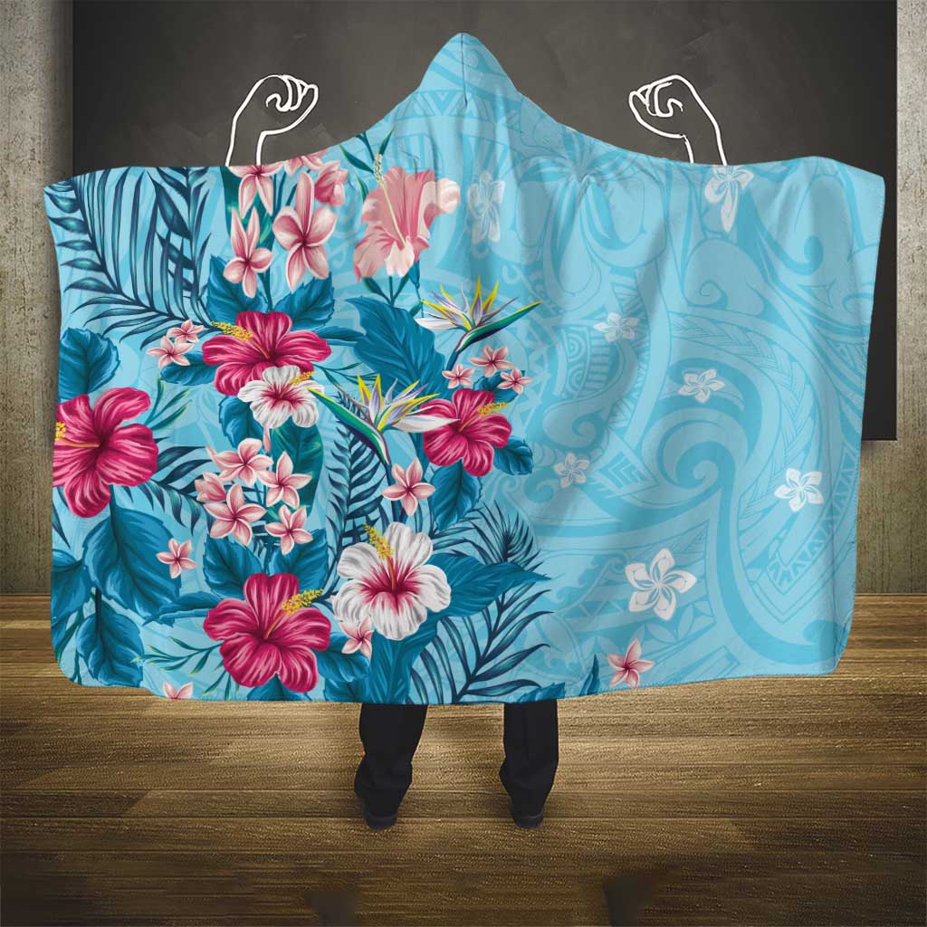 Hawaii Tropical Flowers Hooded Blanket Polynesian Tattoo Sky Blue
