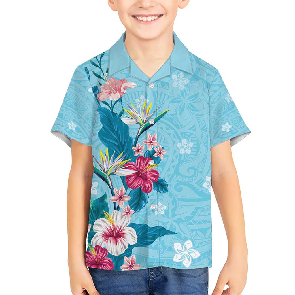 Hawaii Tropical Flowers Kid Hawaiian Shirt Polynesian Tattoo Sky Blue LT05 Kid Blue - Polynesian Pride