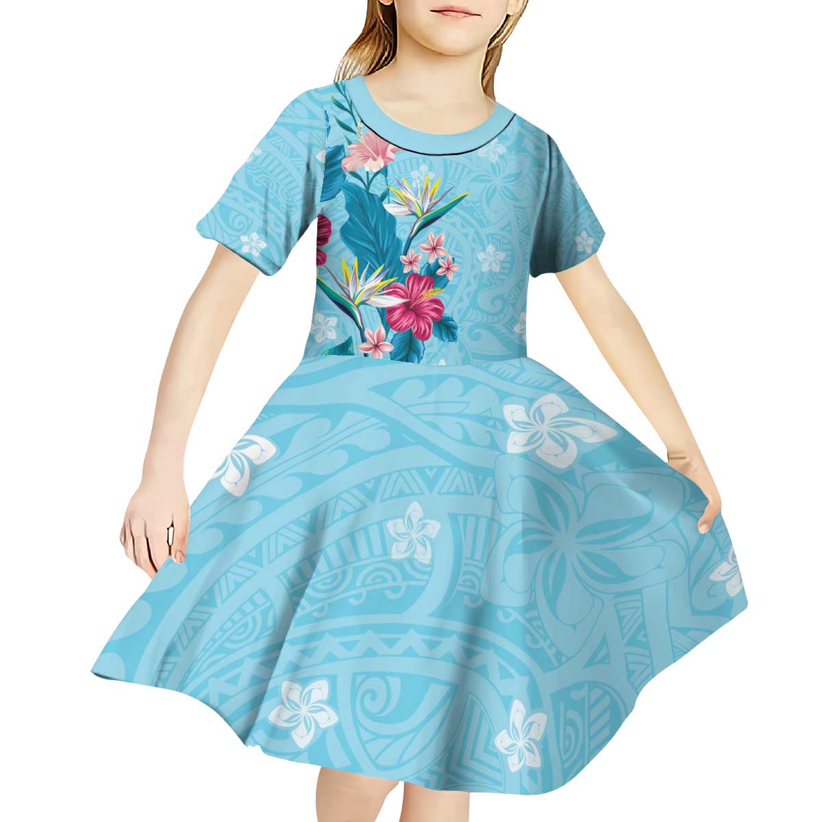 Hawaii Tropical Flowers Kid Short Sleeve Dress Polynesian Tattoo Sky Blue