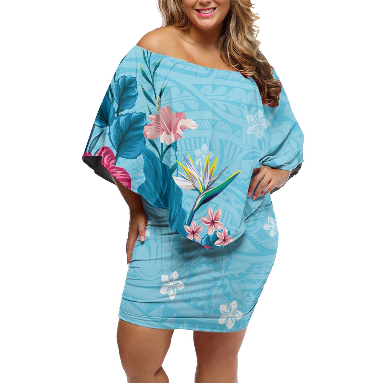 Hawaii Tropical Flowers Off Shoulder Short Dress Polynesian Tattoo Sky Blue LT05 Women Blue - Polynesian Pride