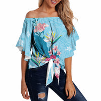 Hawaii Tropical Flowers Off Shoulder Wrap Waist Top Polynesian Tattoo Sky Blue LT05 - Polynesian Pride
