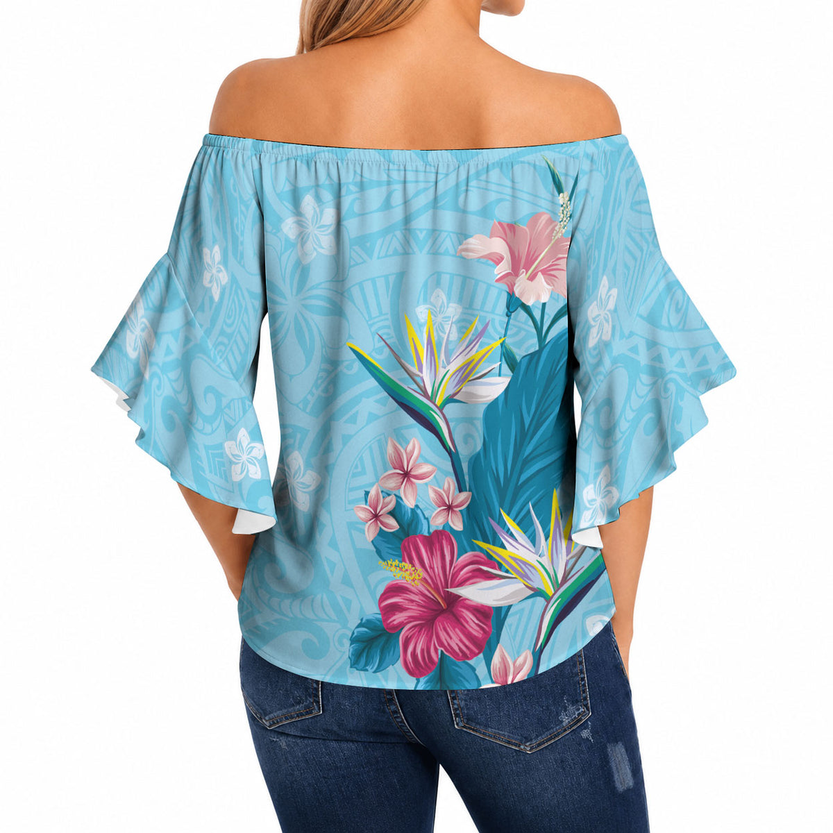 Hawaii Tropical Flowers Off Shoulder Wrap Waist Top Polynesian Tattoo Sky Blue LT05 - Polynesian Pride