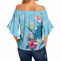 Hawaii Tropical Flowers Off Shoulder Wrap Waist Top Polynesian Tattoo Sky Blue LT05 - Polynesian Pride