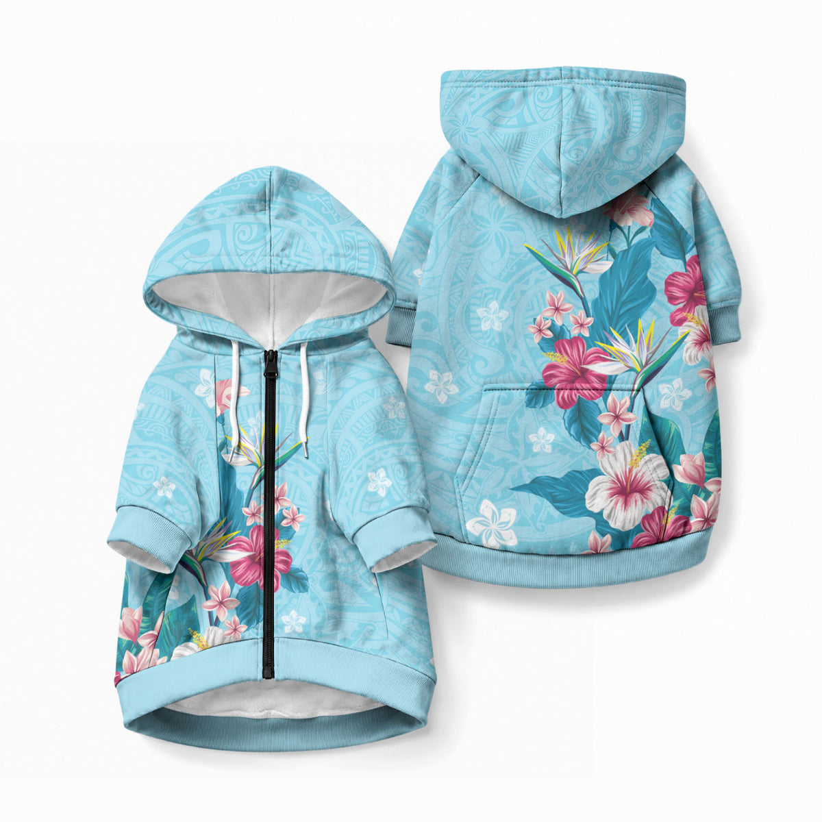 Hawaii Tropical Flowers Pet Hoodie Polynesian Tattoo Sky Blue
