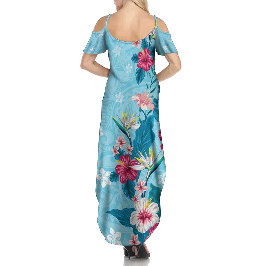 Hawaii Tropical Flowers Summer Maxi Dress Polynesian Tattoo Sky Blue