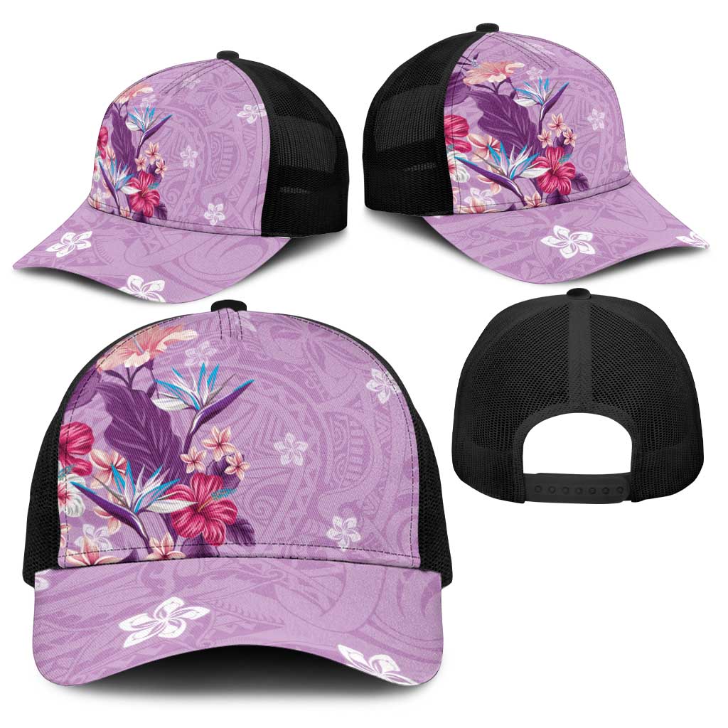 Hawaii Tropical Flowers Baseball Net Cap Polynesian Tattoo Lavender