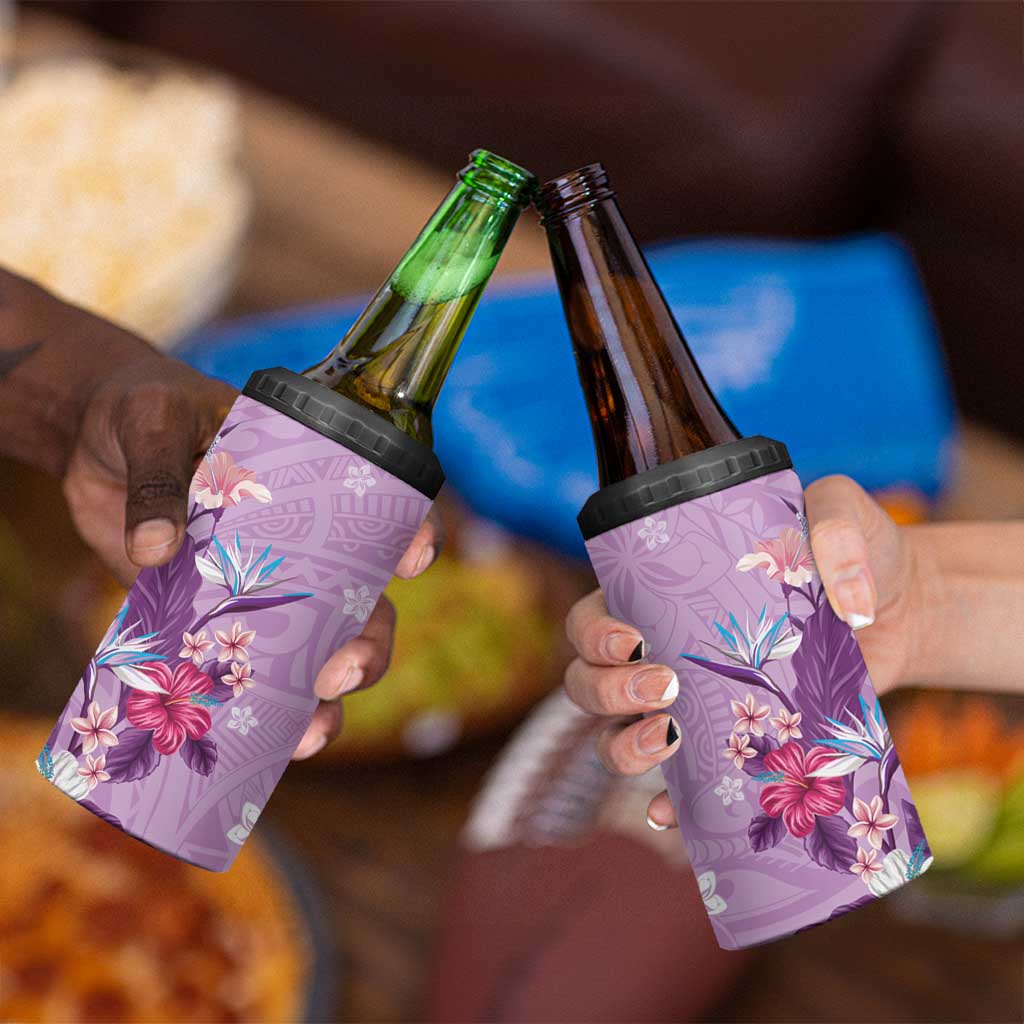 Hawaii Tropical Flowers 4 in 1 Can Cooler Tumbler Polynesian Tattoo Lavender