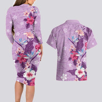Hawaii Tropical Flowers Couples Matching Long Sleeve Bodycon Dress and Hawaiian Shirt Polynesian Tattoo Lavender LT05 - Polynesian Pride