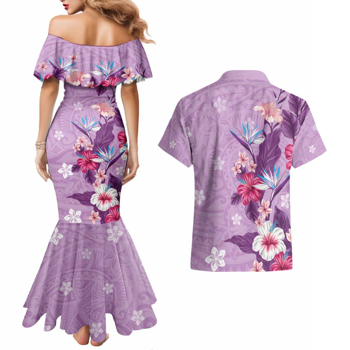 Hawaii Tropical Flowers Couples Matching Mermaid Dress and Hawaiian Shirt Polynesian Tattoo Lavender LT05 - Polynesian Pride