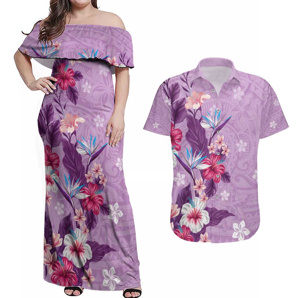 Hawaii Tropical Flowers Couples Matching Off Shoulder Maxi Dress and Hawaiian Shirt Polynesian Tattoo Lavender LT05 Lavender - Polynesian Pride