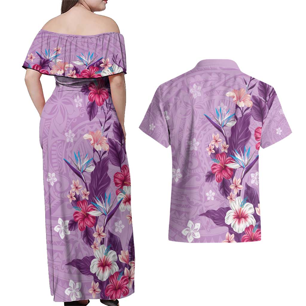 Hawaii Tropical Flowers Couples Matching Off Shoulder Maxi Dress and Hawaiian Shirt Polynesian Tattoo Lavender LT05 - Polynesian Pride