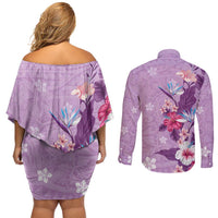 Hawaii Tropical Flowers Couples Matching Off Shoulder Short Dress and Long Sleeve Button Shirt Polynesian Tattoo Lavender