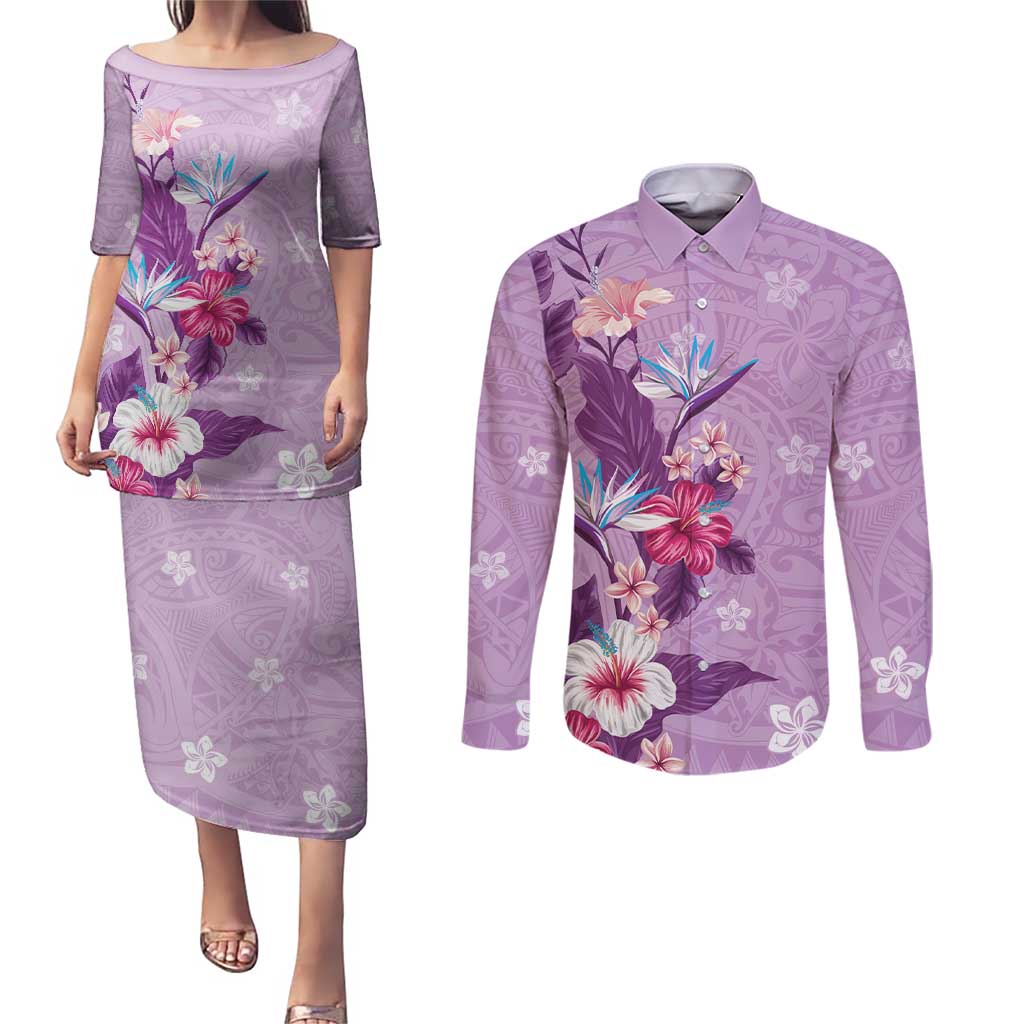 Hawaii Tropical Flowers Couples Matching Puletasi and Long Sleeve Button Shirt Polynesian Tattoo Lavender LT05 Lavender - Polynesian Pride
