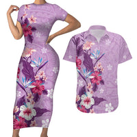 Hawaii Tropical Flowers Couples Matching Short Sleeve Bodycon Dress and Hawaiian Shirt Polynesian Tattoo Lavender LT05 Lavender - Polynesian Pride