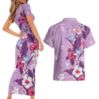Hawaii Tropical Flowers Couples Matching Short Sleeve Bodycon Dress and Hawaiian Shirt Polynesian Tattoo Lavender LT05 - Polynesian Pride