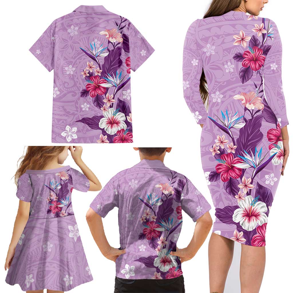 Hawaii Tropical Flowers Family Matching Long Sleeve Bodycon Dress and Hawaiian Shirt Polynesian Tattoo Lavender LT05 - Polynesian Pride