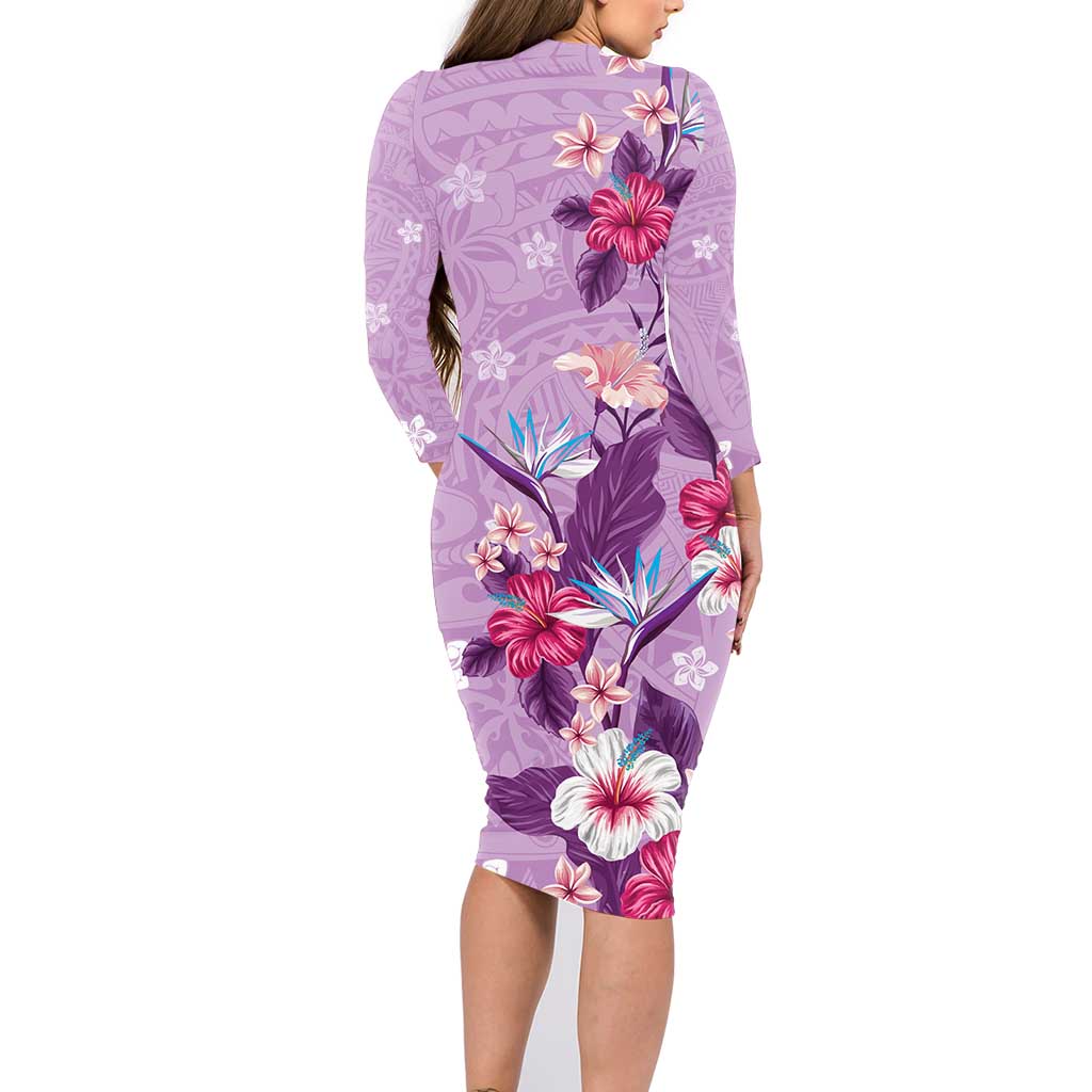 Hawaii Tropical Flowers Family Matching Long Sleeve Bodycon Dress and Hawaiian Shirt Polynesian Tattoo Lavender LT05 - Polynesian Pride