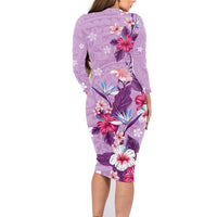 Hawaii Tropical Flowers Family Matching Long Sleeve Bodycon Dress and Hawaiian Shirt Polynesian Tattoo Lavender LT05 - Polynesian Pride