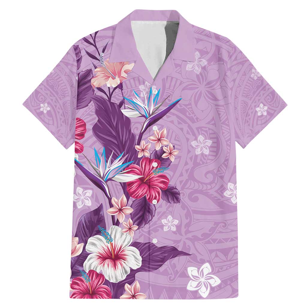 Hawaii Tropical Flowers Family Matching Mermaid Dress and Hawaiian Shirt Polynesian Tattoo Lavender LT05 Dad's Shirt - Short Sleeve Lavender - Polynesian Pride