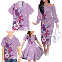 Hawaii Tropical Flowers Family Matching Off The Shoulder Long Sleeve Dress and Hawaiian Shirt Polynesian Tattoo Lavender LT05 - Polynesian Pride