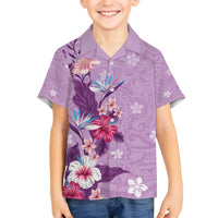 Hawaii Tropical Flowers Family Matching Off The Shoulder Long Sleeve Dress and Hawaiian Shirt Polynesian Tattoo Lavender LT05 Son's Shirt Lavender - Polynesian Pride