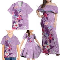 Hawaii Tropical Flowers Family Matching Off Shoulder Maxi Dress and Hawaiian Shirt Polynesian Tattoo Lavender LT05 - Polynesian Pride