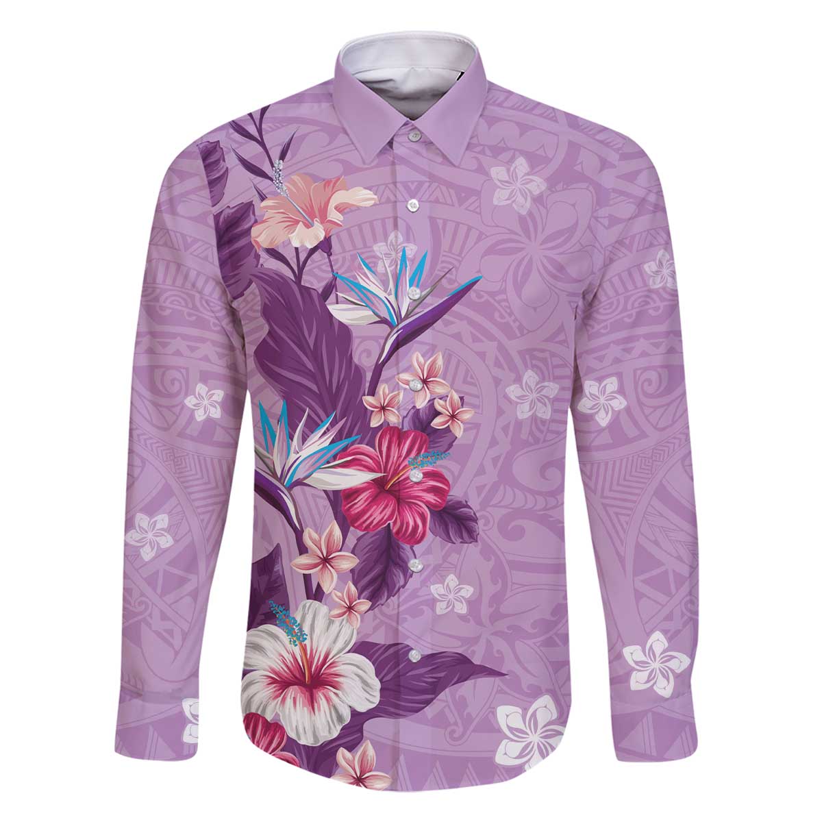 Hawaii Tropical Flowers Family Matching Off Shoulder Short Dress and Hawaiian Shirt Polynesian Tattoo Lavender LT05 Dad's Shirt - Long Sleeve Lavender - Polynesian Pride