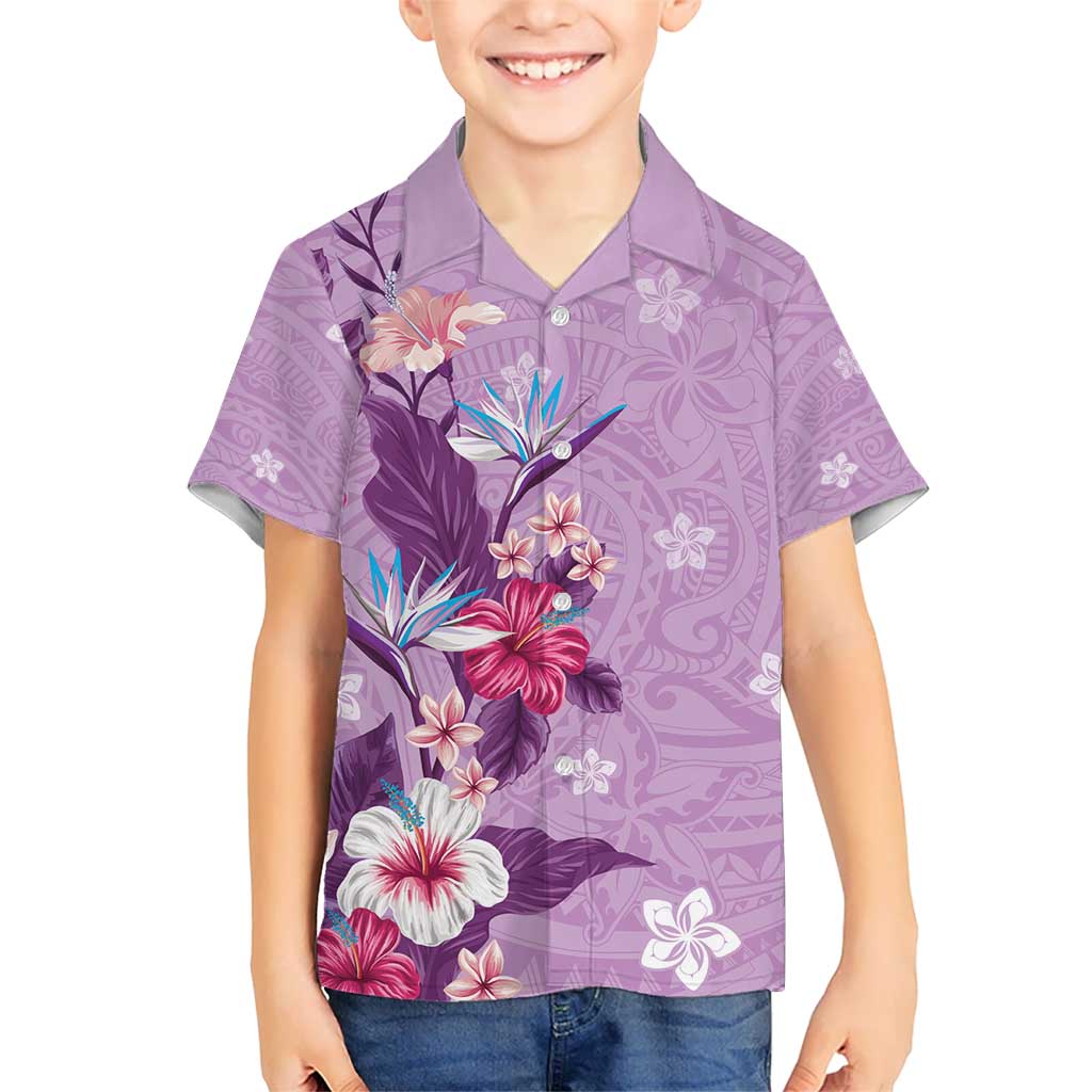 Hawaii Tropical Flowers Kid Hawaiian Shirt Polynesian Tattoo Lavender LT05 Kid Lavender - Polynesian Pride