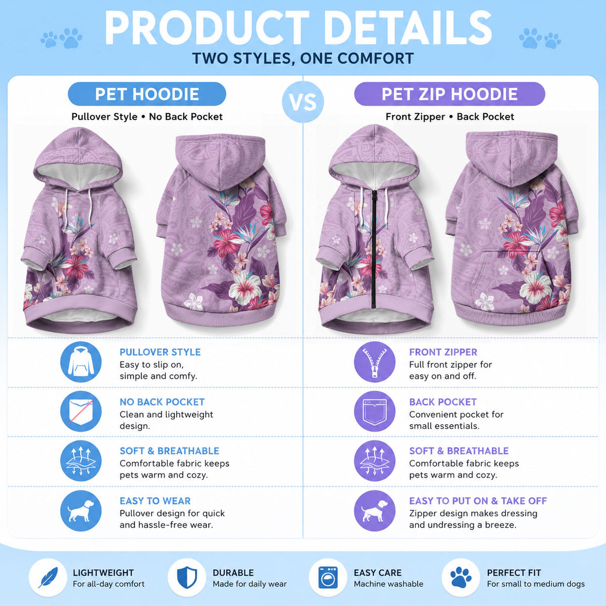 Hawaii Tropical Flowers Pet Hoodie Polynesian Tattoo Lavender