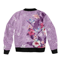 Hawaii Tropical Flowers Sleeve Zip Bomber Jacket Polynesian Tattoo Lavender