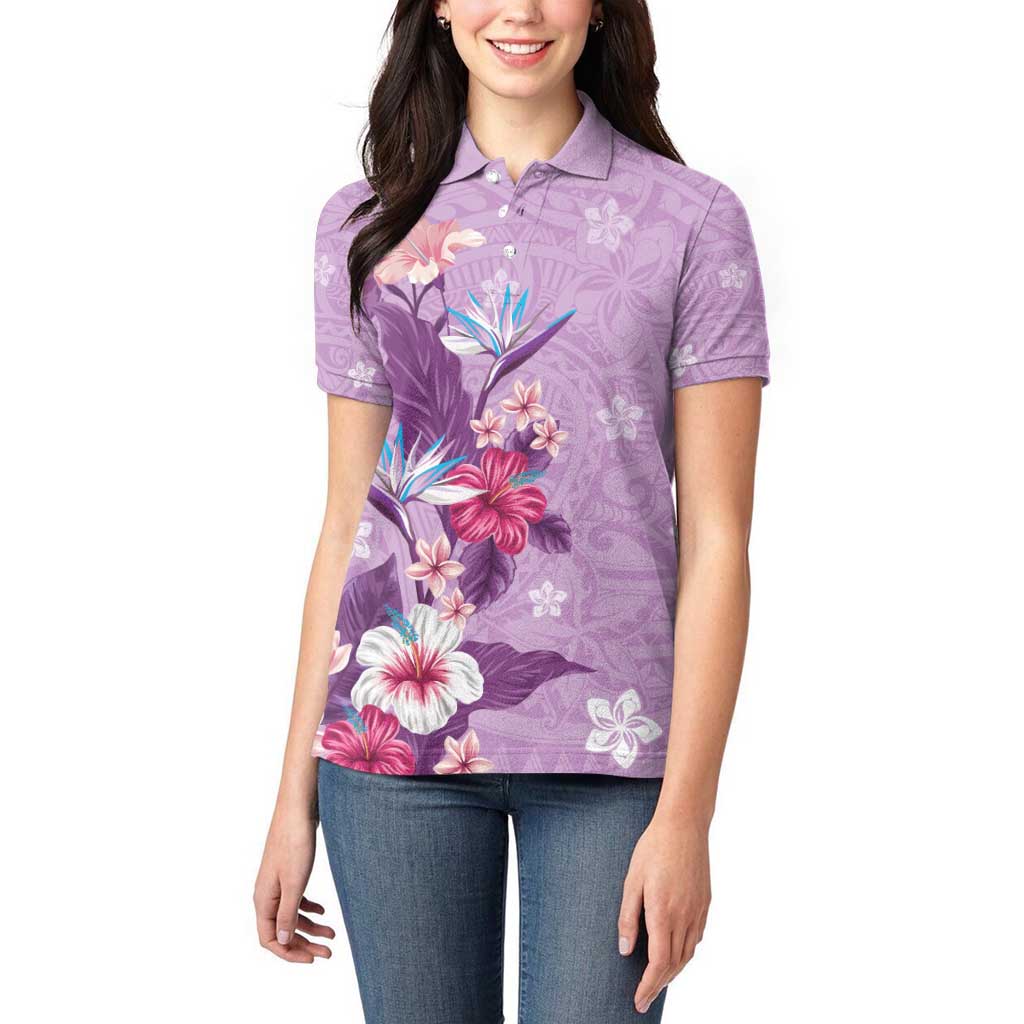 Hawaii Tropical Flowers Women Polo Shirt Polynesian Tattoo Lavender