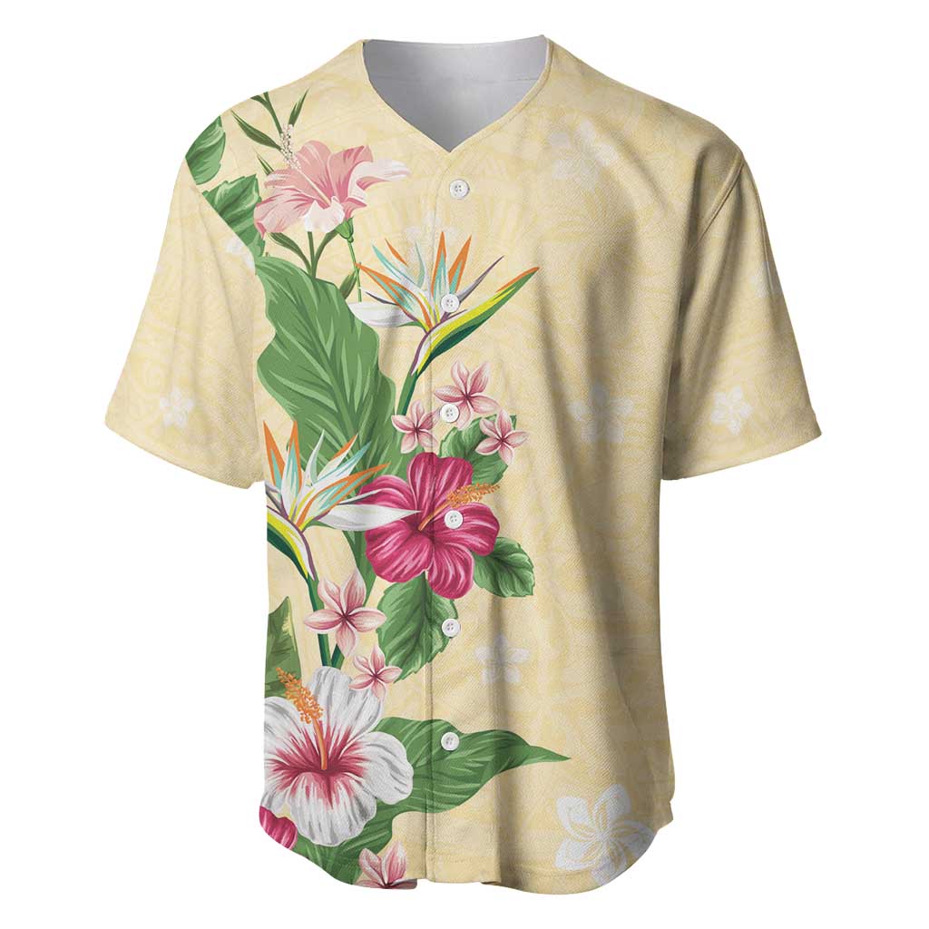 Hawaii Tropical Flowers Baseball Jersey Polynesian Tattoo Buttermilk LT05 Beige - Polynesian Pride