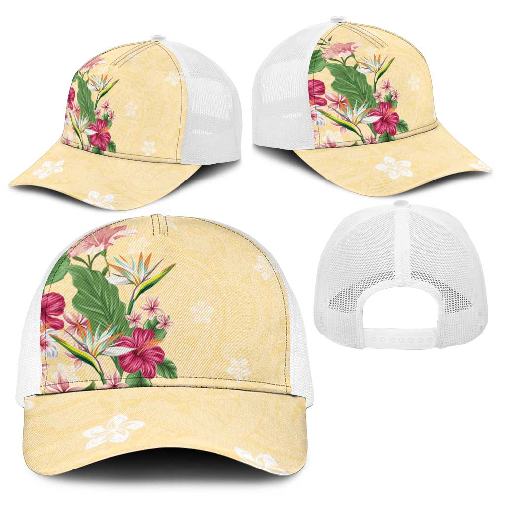 Hawaii Tropical Flowers Baseball Net Cap Polynesian Tattoo Buttermilk