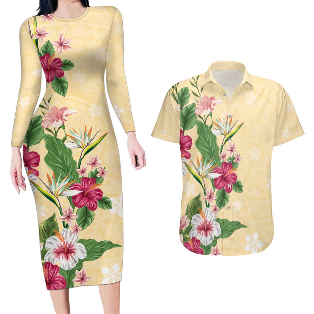 Hawaii Tropical Flowers Couples Matching Long Sleeve Bodycon Dress and Hawaiian Shirt Polynesian Tattoo Buttermilk LT05 Beige - Polynesian Pride
