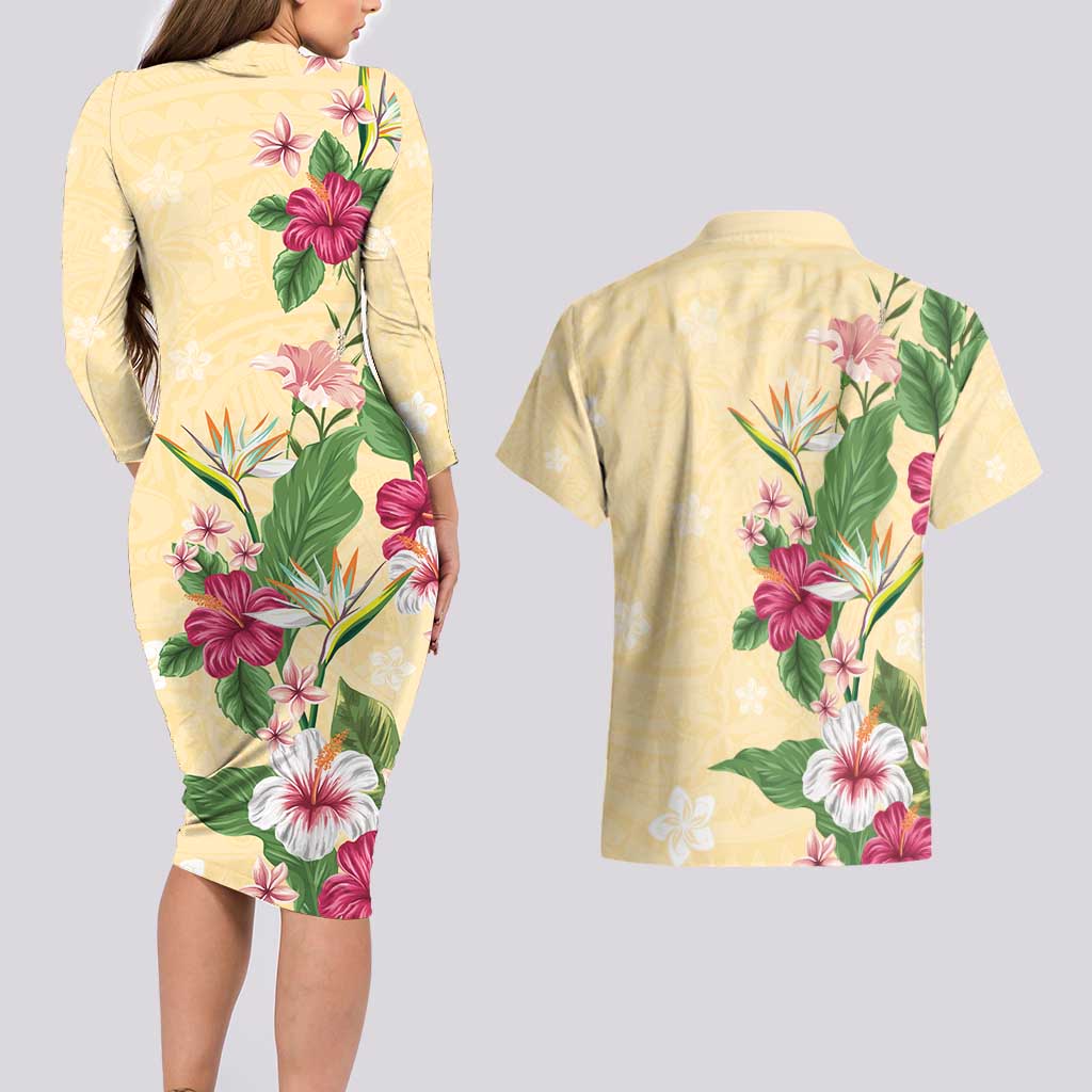 Hawaii Tropical Flowers Couples Matching Long Sleeve Bodycon Dress and Hawaiian Shirt Polynesian Tattoo Buttermilk LT05 - Polynesian Pride